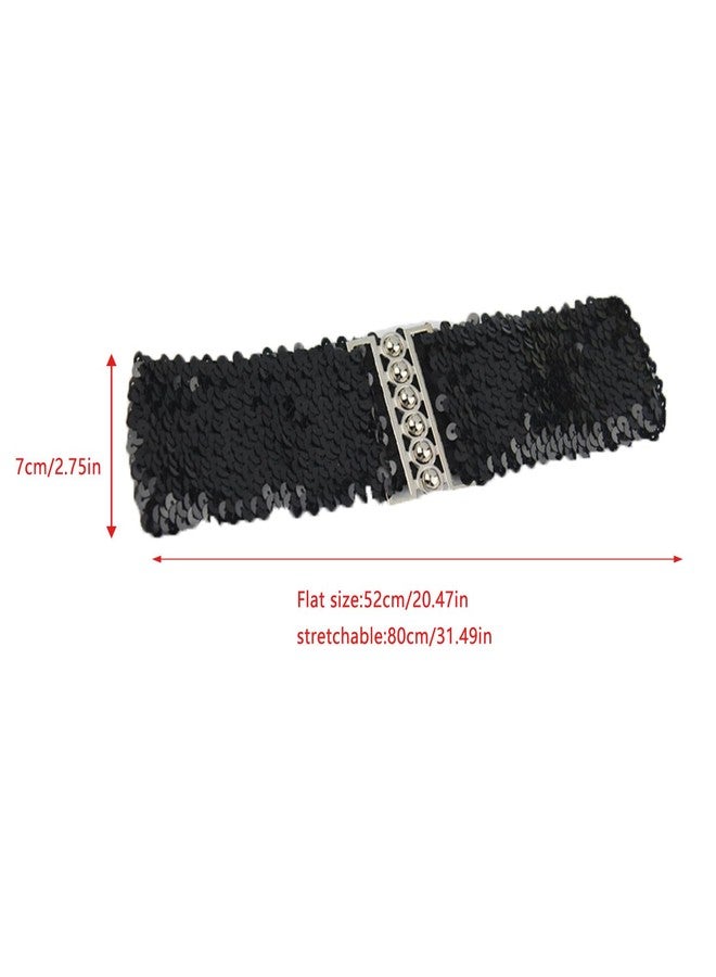 ArrErr 2 Pack Women Wide Elastic Belts Shiny Glitter Bling Sparkly Sequin Belt Retro Cinch Belt Waistband for 70s 80s Costume Party Disco Outfit Sparkle Flare Jumpsuit Halloween Cosplay Sequins Dress - Image 2